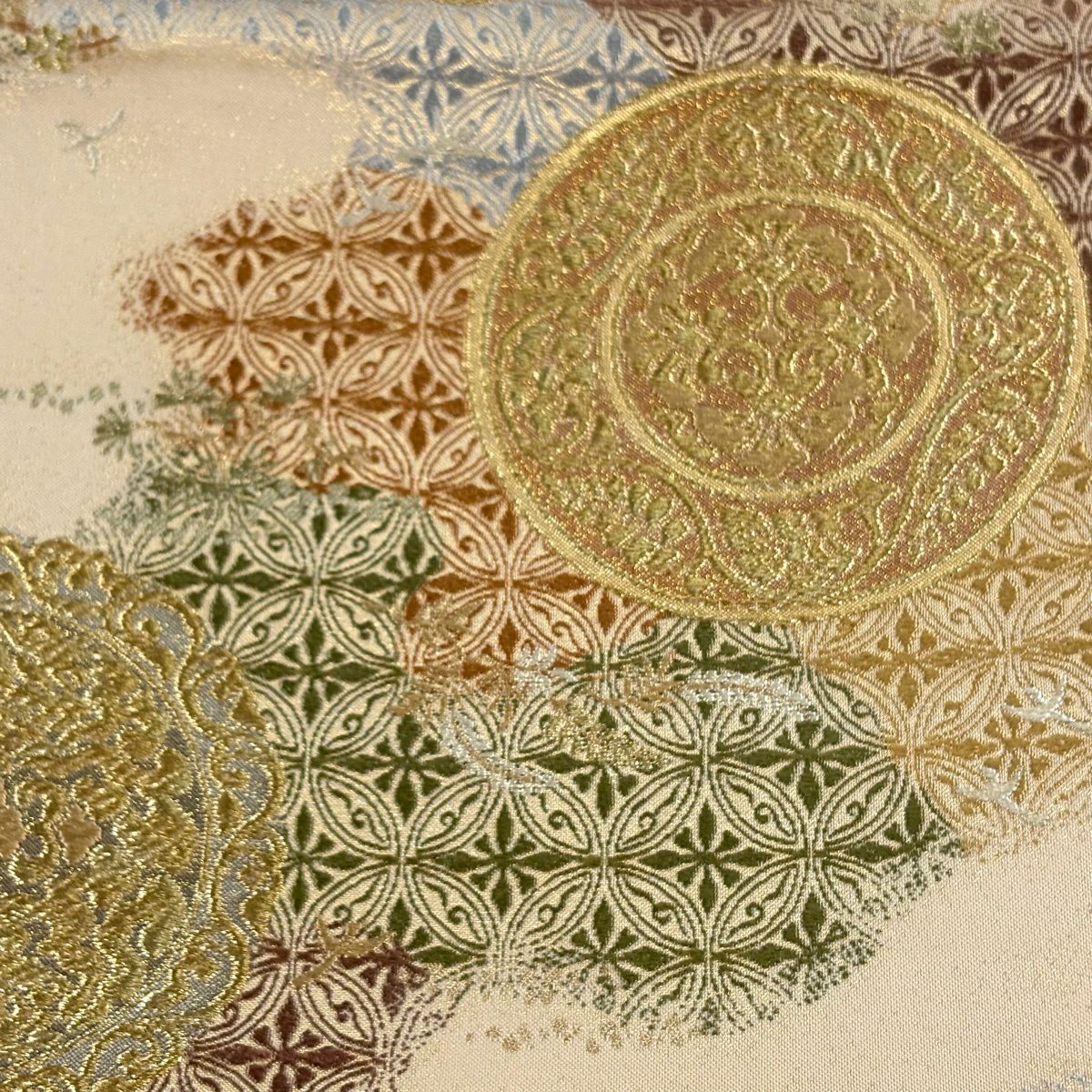袋帶 秀品級 華紋 七寶 金絲 金金箔 米色 六通 純蠶絲