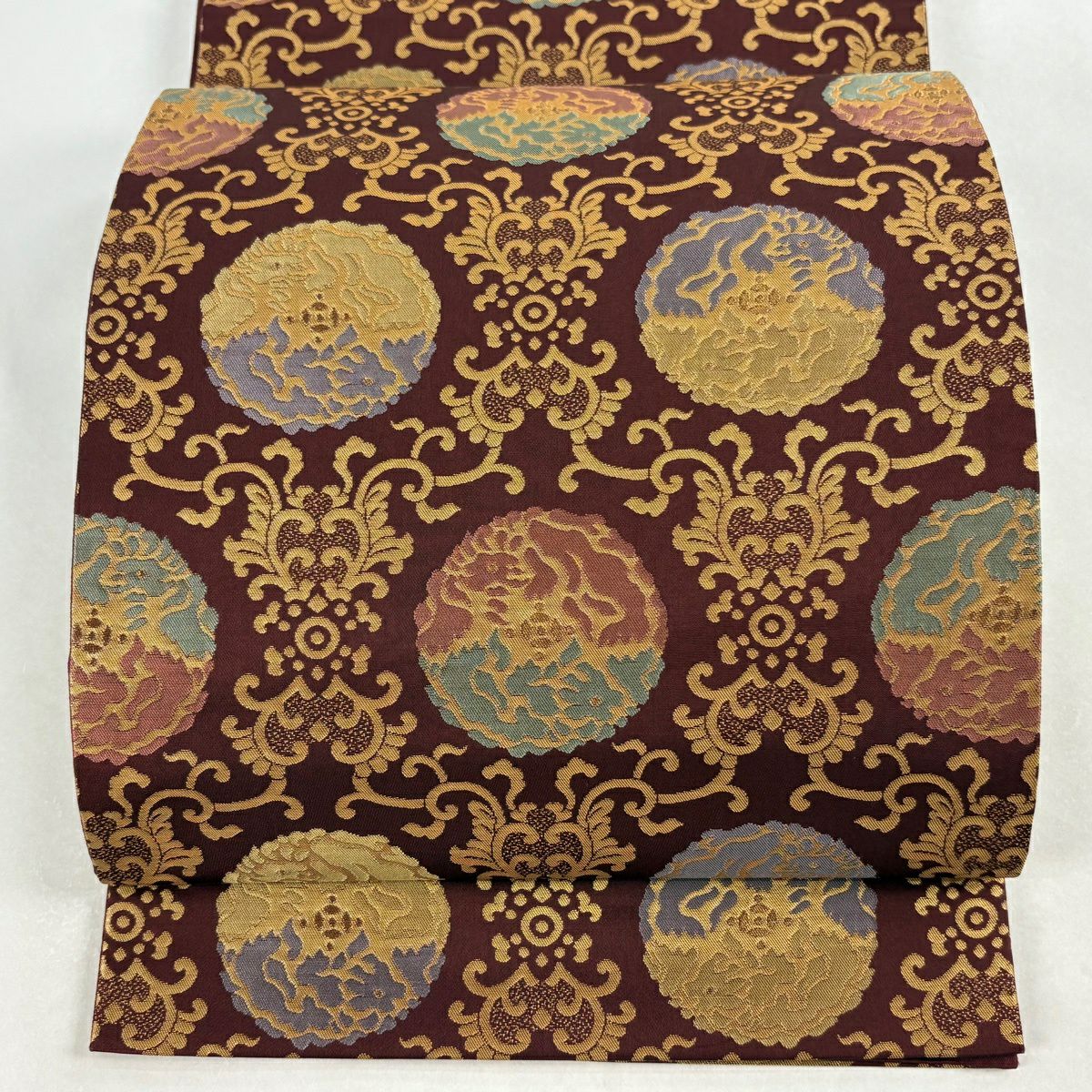【美品】 袋帶 秀品級 花唐草紋 幾何學 金絲 金金箔 紅茶 全通 純蠶絲