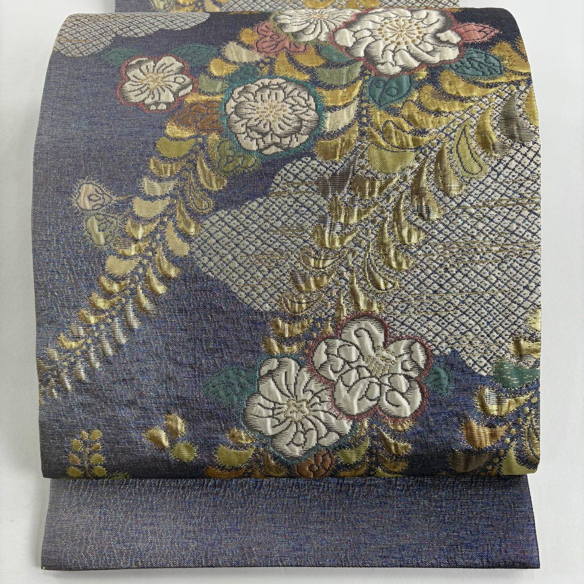【美品】 袋帶 秀品級 辻花染圖案 雲文 金金箔 灰紫 六通 純蠶絲