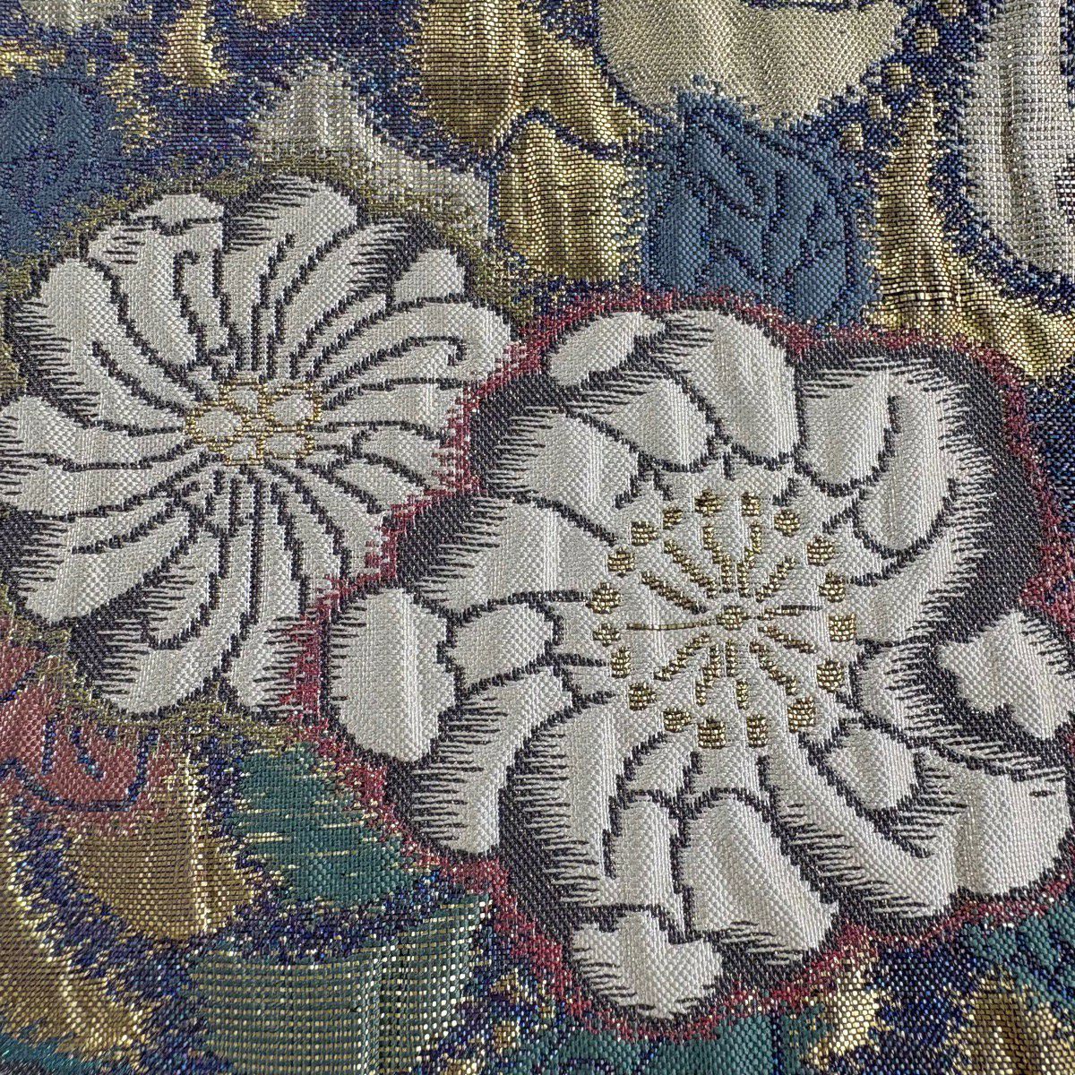 【美品】 袋帶 秀品級 辻花染圖案 雲文 金金箔 灰紫 六通 純蠶絲