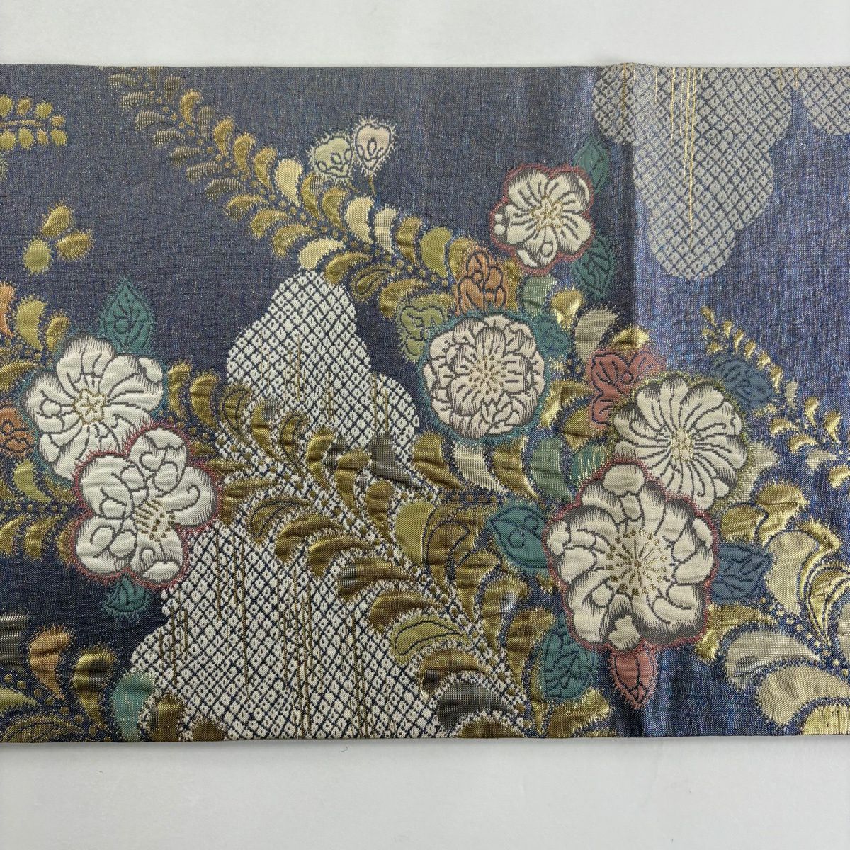 【美品】 袋帶 秀品級 辻花染圖案 雲文 金金箔 灰紫 六通 純蠶絲
