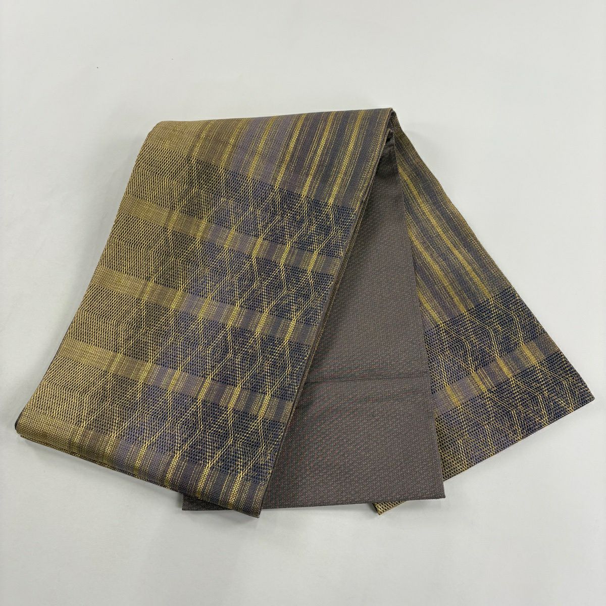 【美品】 袋帶 秀品級 條紋 幾何學 金絲 灰紫 大鼓圖案 純蠶絲