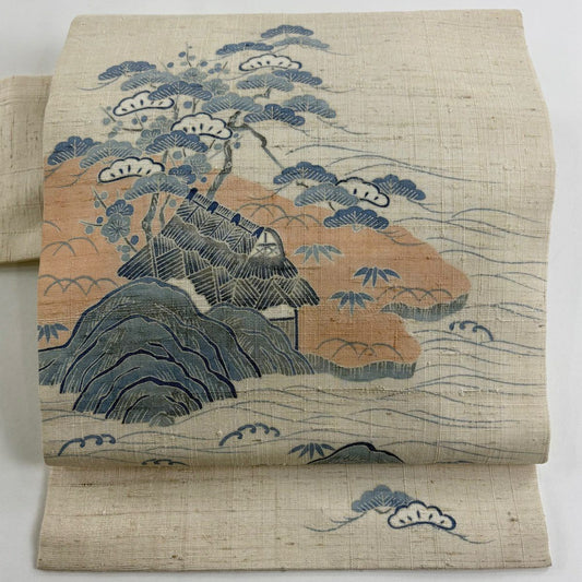 名古屋帶 秀品級 紬織織 松樹竹子梅花 風景 米色 純蠶絲