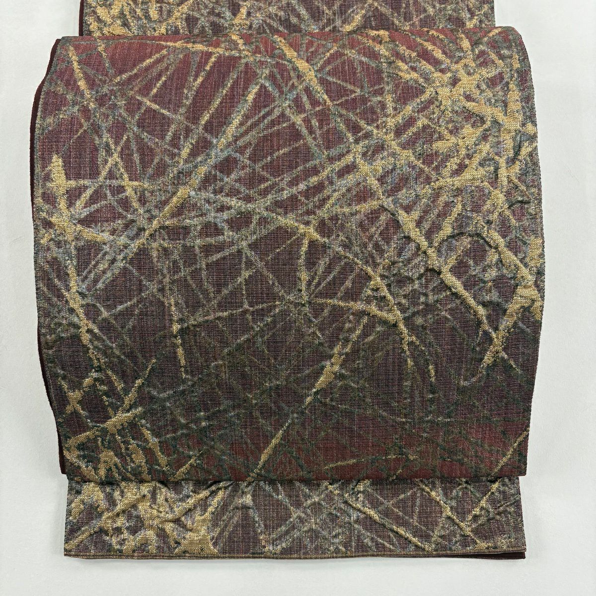 【美品】 袋帶 秀品級 幾何學 金金箔 紅紫 六通 純蠶絲