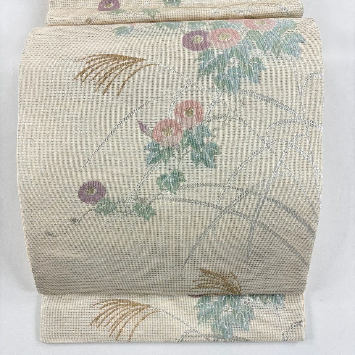 【美品】 袋帶 秀品級 證書齊全 夏帶 草花紋紋 蘆葦 金絲 金金箔 米色 六通 純蠶絲