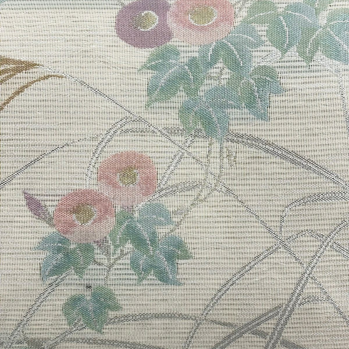 【美品】 袋帶 秀品級 證書齊全 夏帶 草花紋紋 蘆葦 金絲 金金箔 米色 六通 純蠶絲