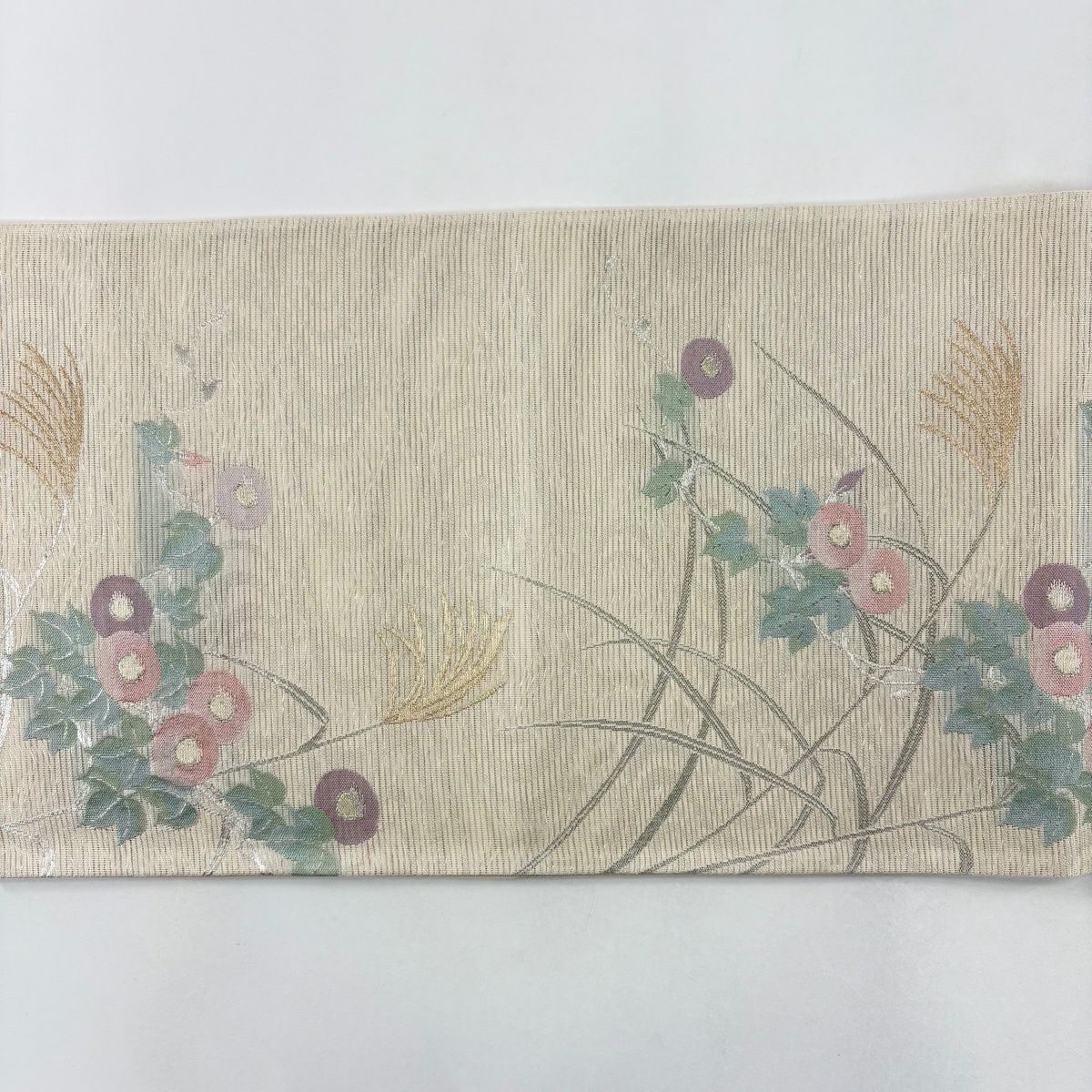 【美品】 袋帶 秀品級 證書齊全 夏帶 草花紋紋 蘆葦 金絲 金金箔 米色 六通 純蠶絲