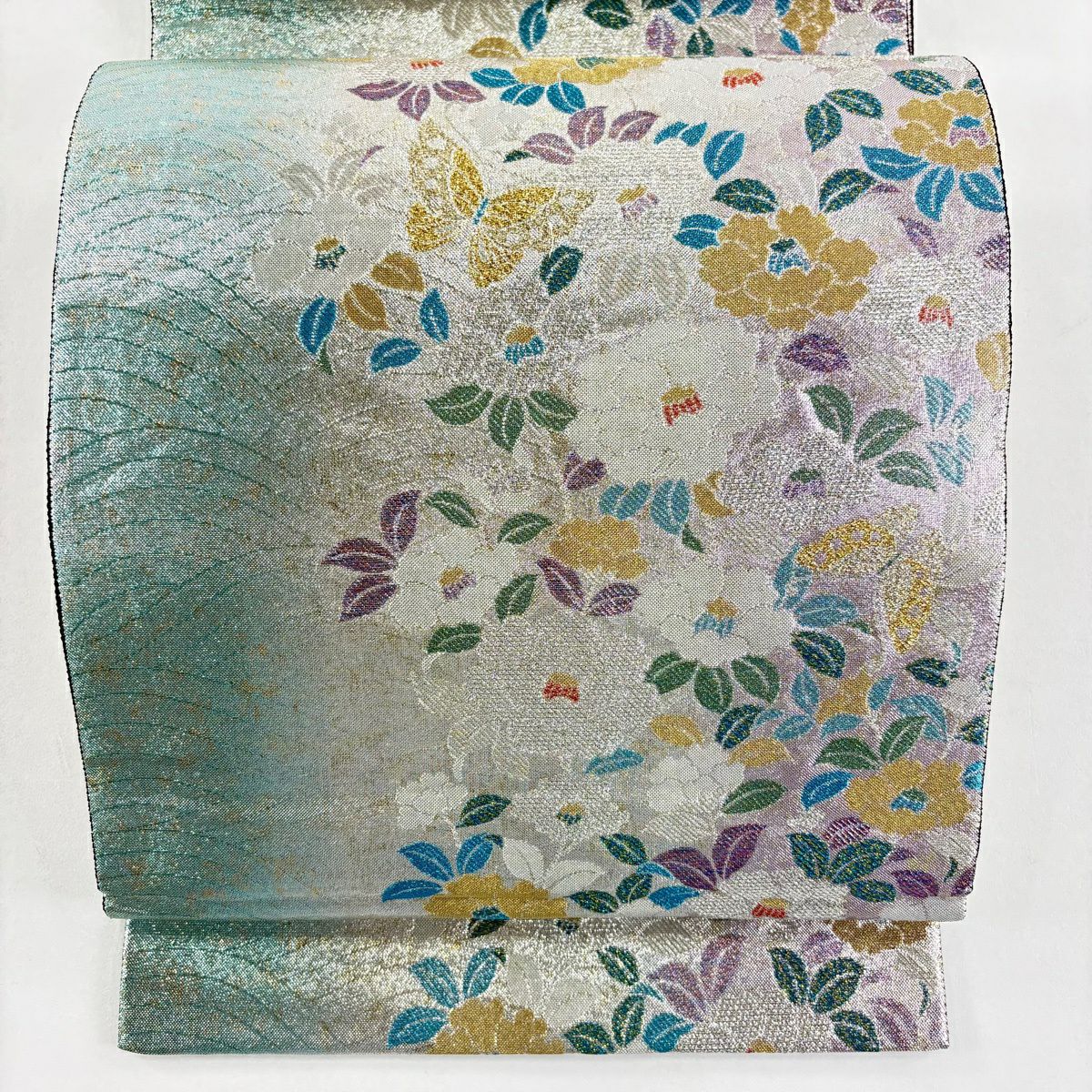 【美品】 袋帶 秀品級 草花紋 波 金金箔 銀 六通 純蠶絲