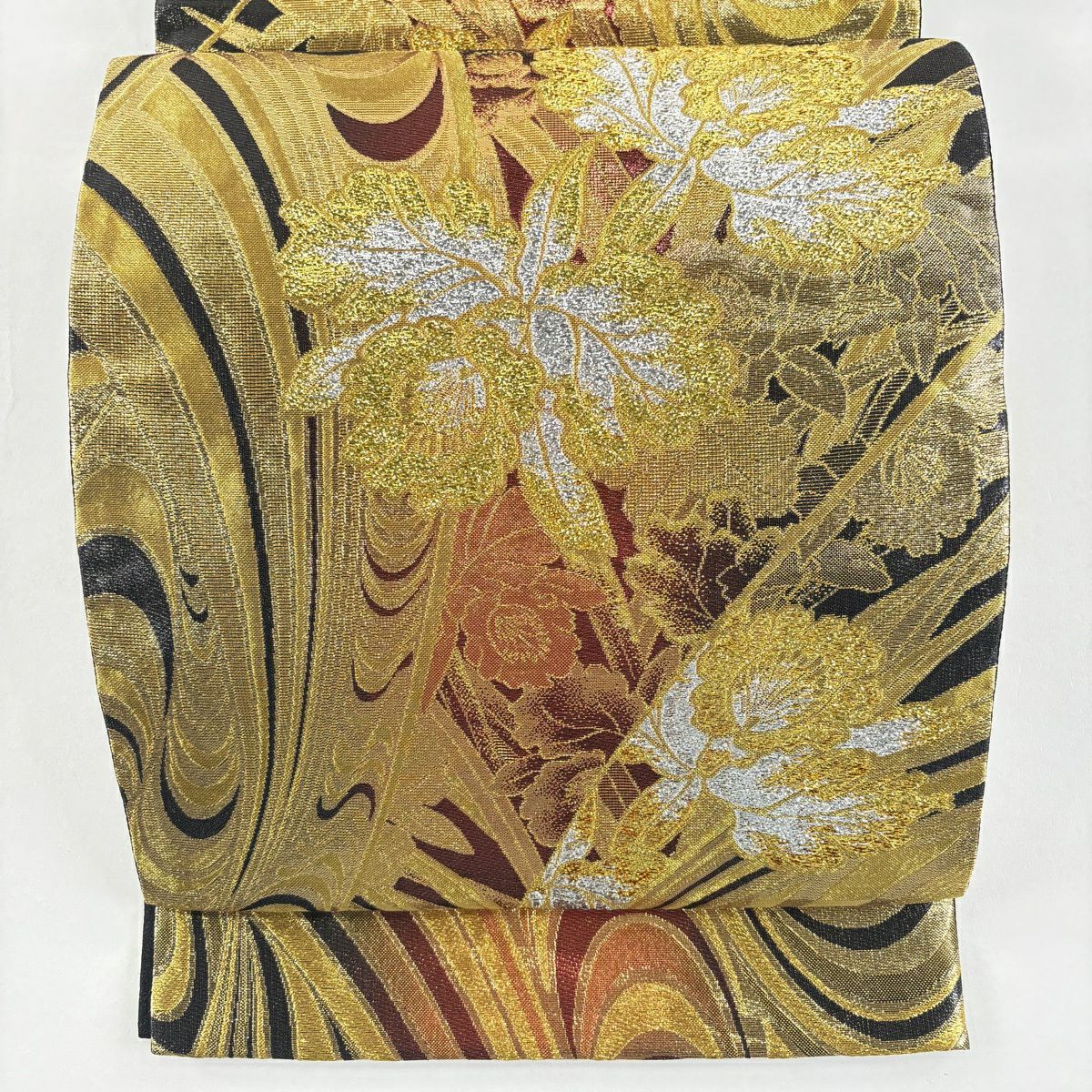 袋帶 秀品級 草花紋紋 金絲 金金箔 金色 六通 純蠶絲