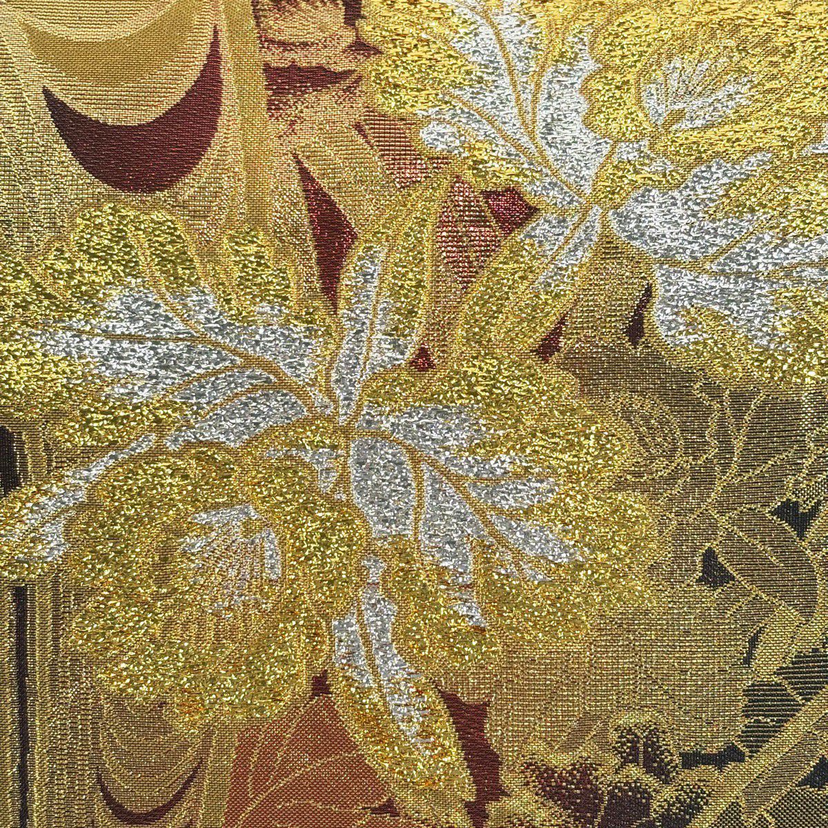 袋帶 秀品級 草花紋紋 金絲 金金箔 金色 六通 純蠶絲