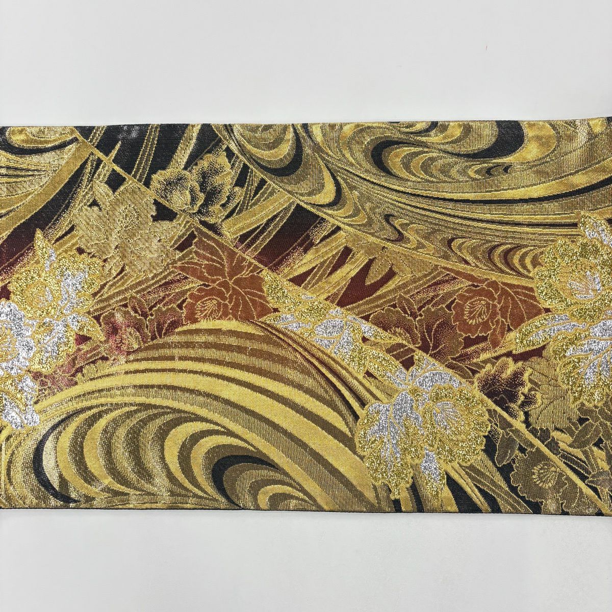 袋帶 秀品級 草花紋紋 金絲 金金箔 金色 六通 純蠶絲