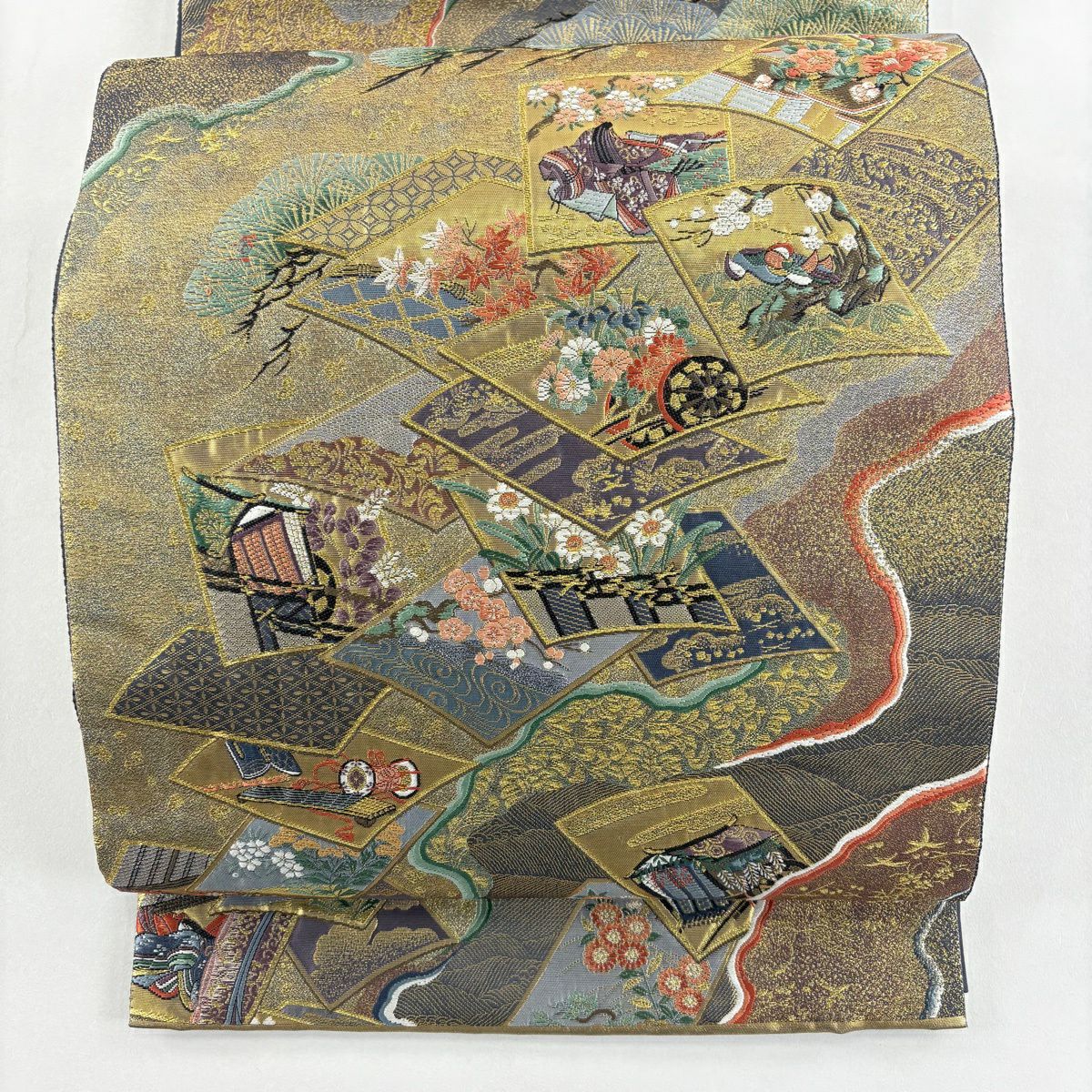 【美品】 袋帶 秀品級 關西仕立 松樹 姫 金絲 金金箔 金色 六通 純蠶絲