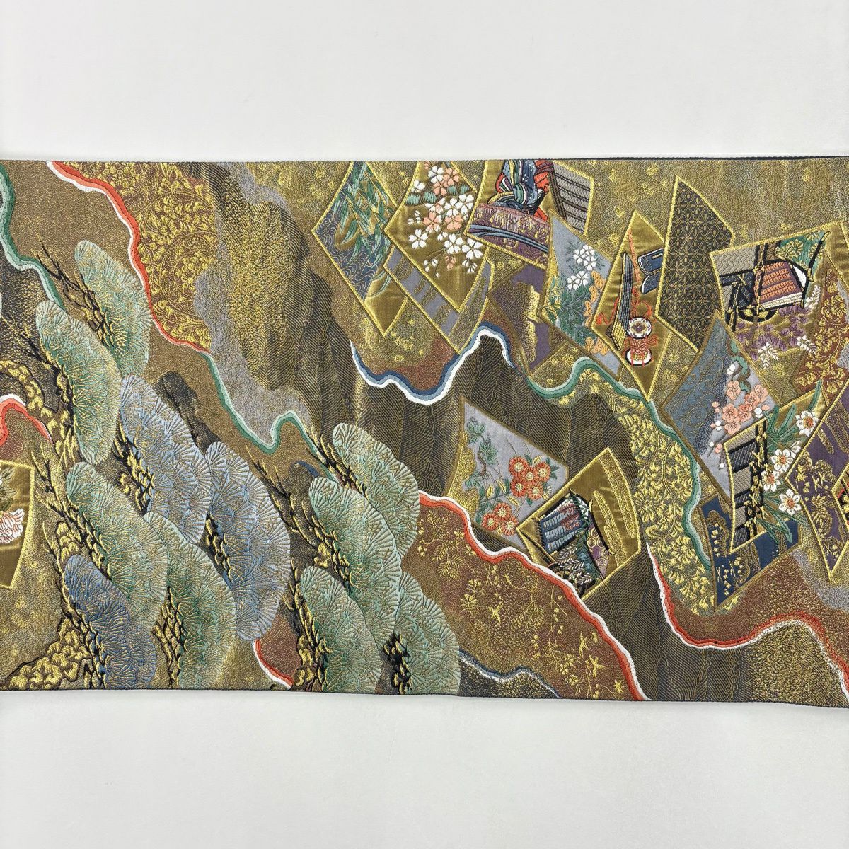【美品】 袋帶 秀品級 關西仕立 松樹 姫 金絲 金金箔 金色 六通 純蠶絲