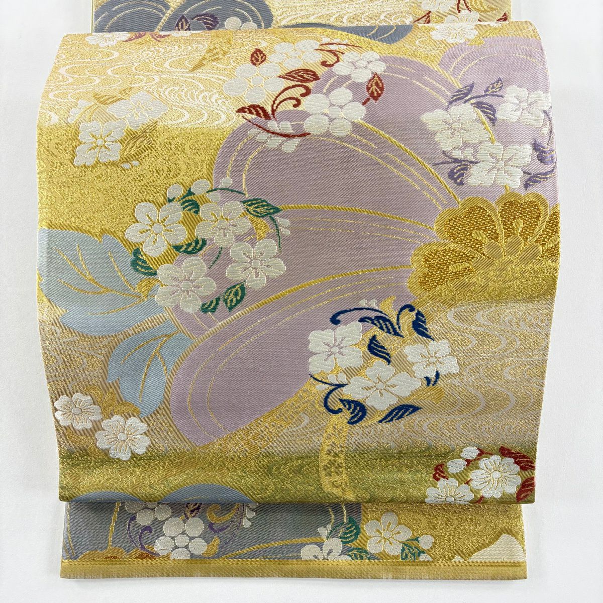 【美品】 袋帶 秀品級 花丸紋 流水 金絲 金金箔 淺紫 六通 純蠶絲