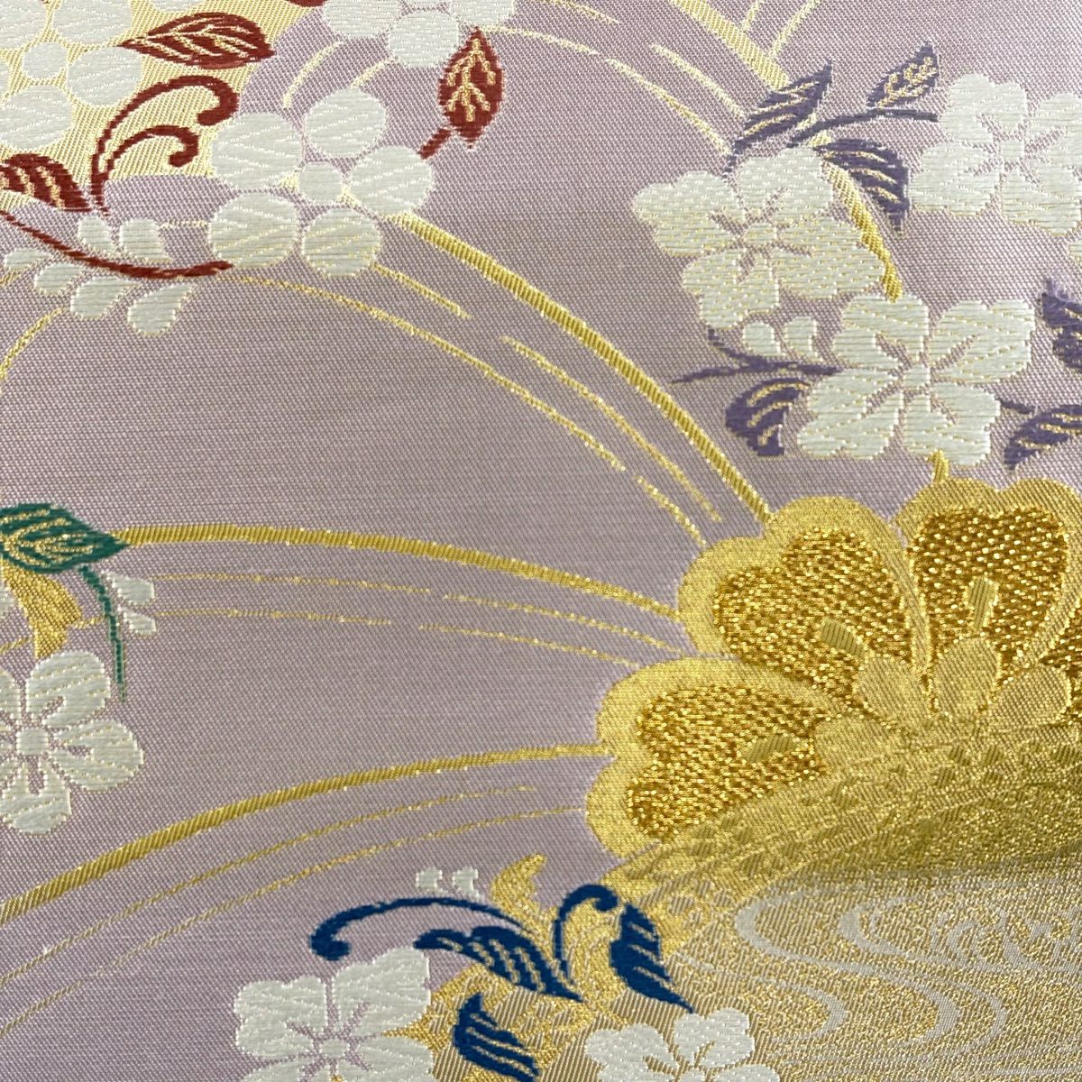 【美品】 袋帶 秀品級 花丸紋 流水 金絲 金金箔 淺紫 六通 純蠶絲