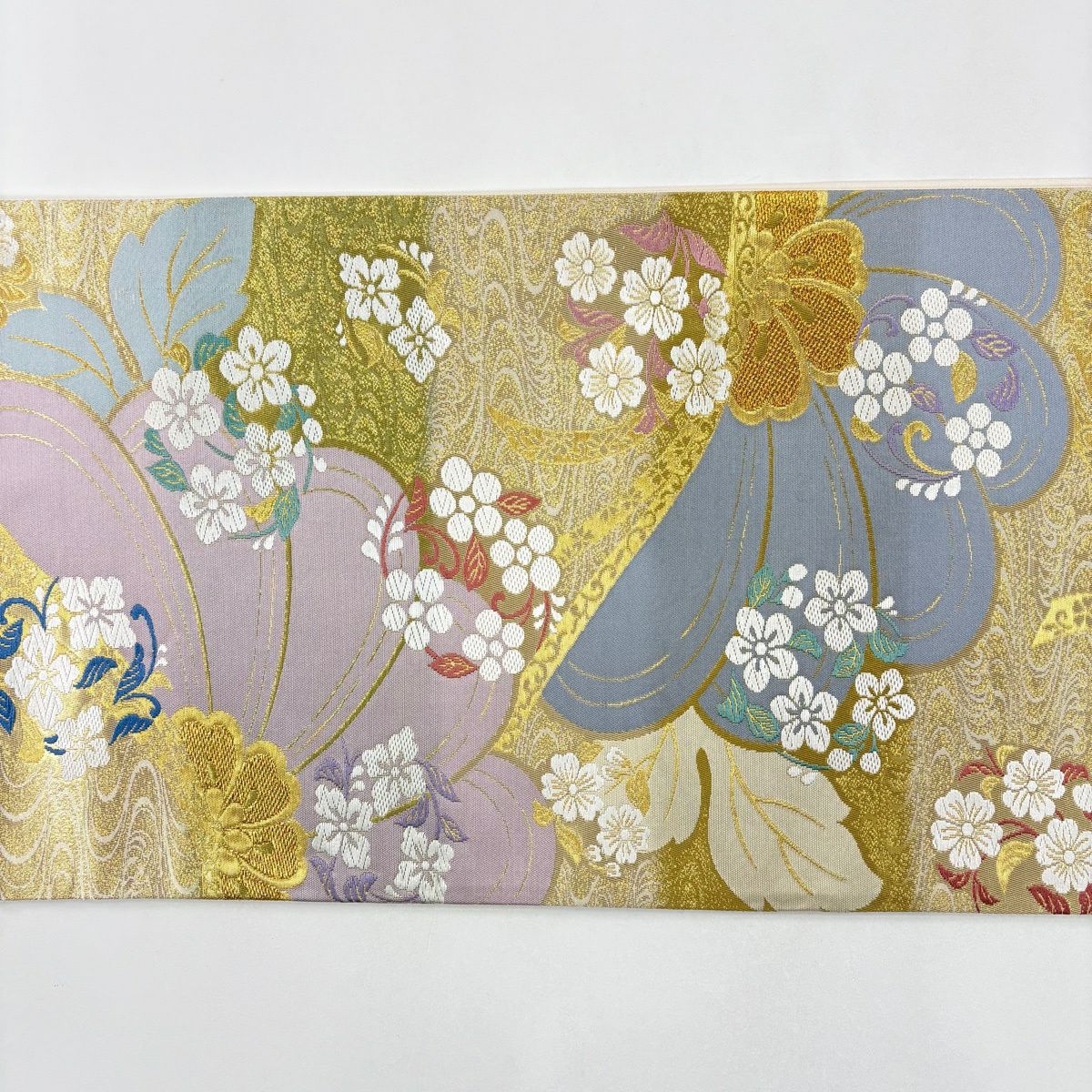 【美品】 袋帶 秀品級 花丸紋 流水 金絲 金金箔 淺紫 六通 純蠶絲