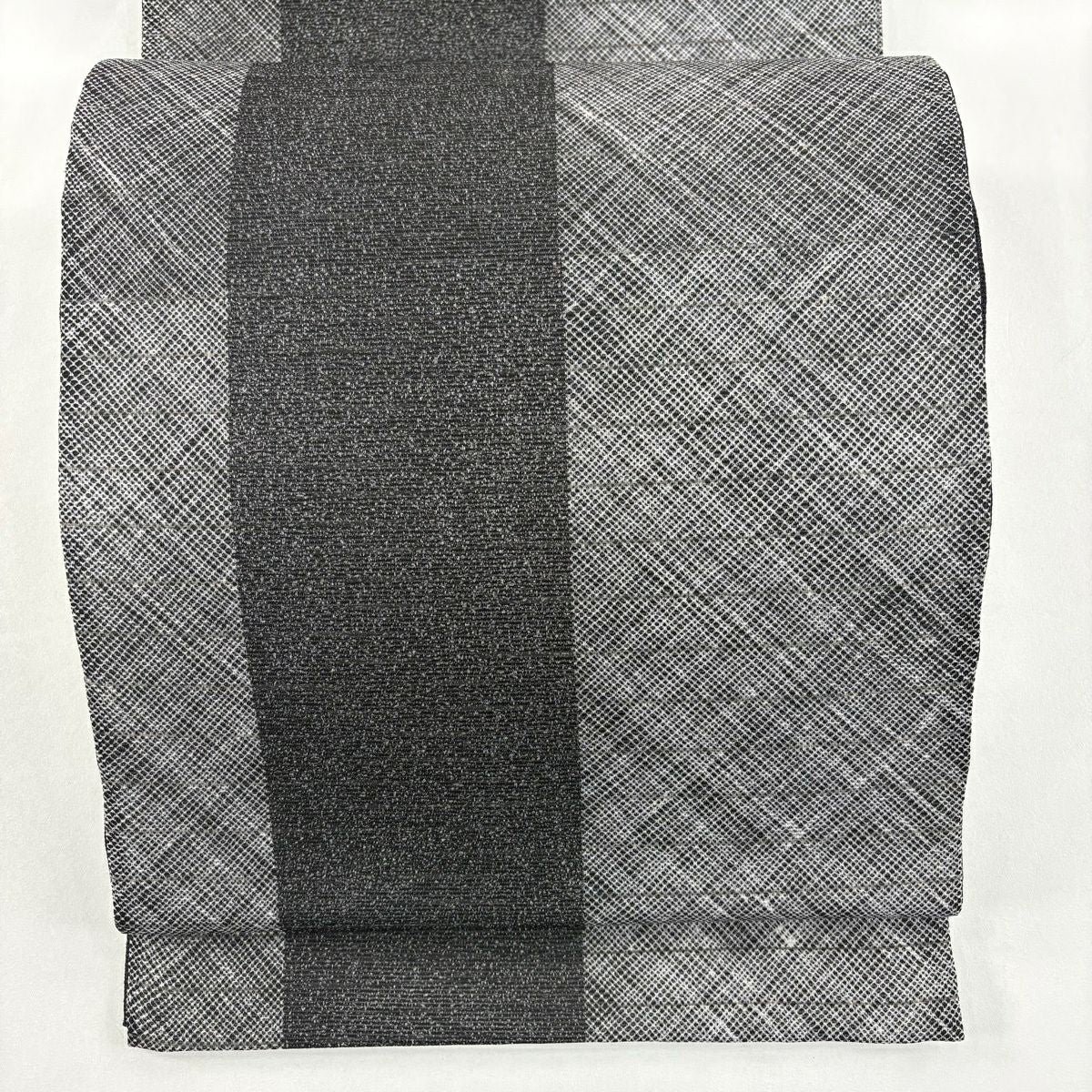 【美品】 袋帶 秀品級 夏帶 斜格紋 條紋 黑灰 全通 純蠶絲