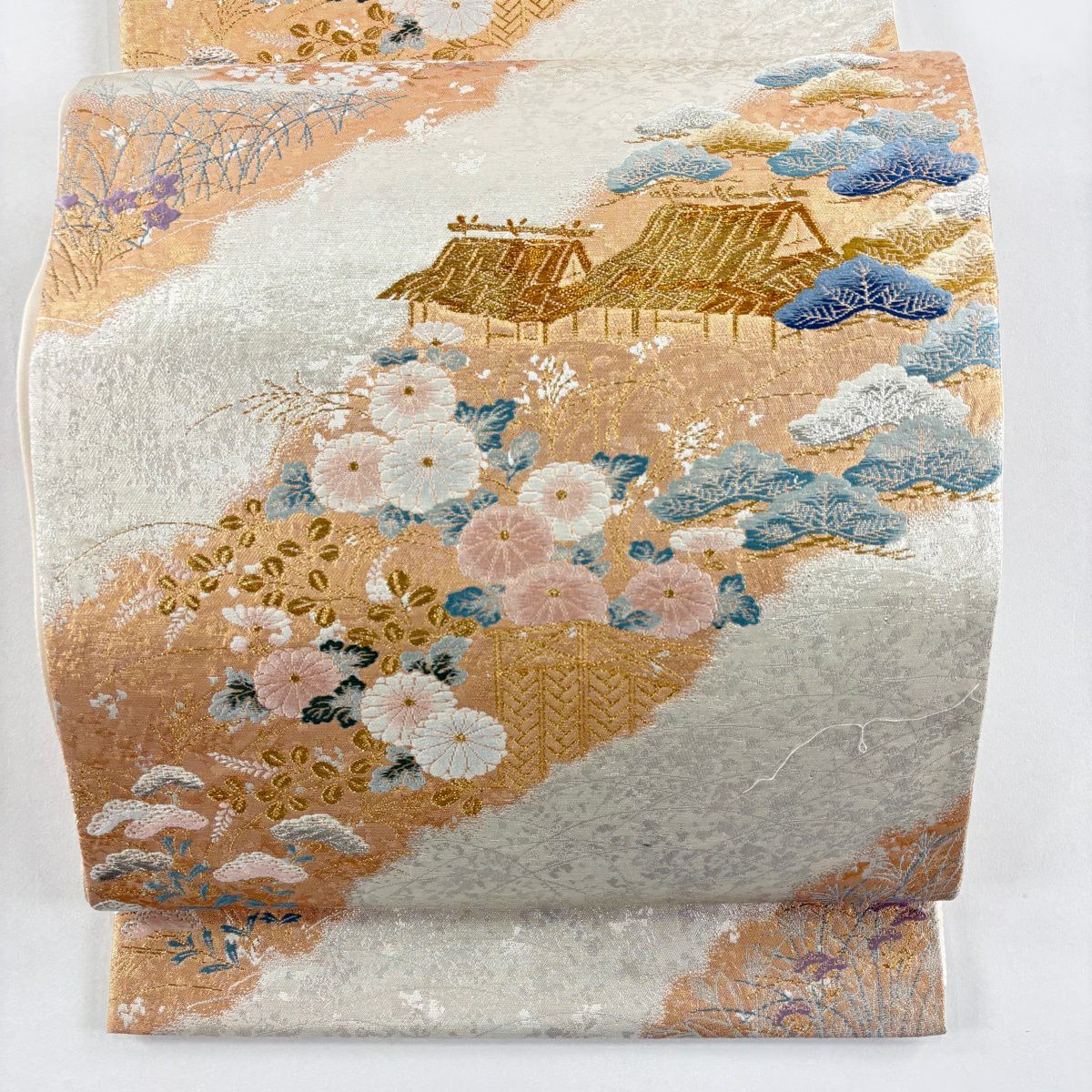 【美品】 袋帶 秀品級 松樹 菊花 金絲 金金箔 銀色 六通 純蠶絲