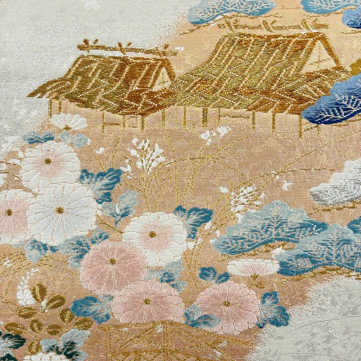 【美品】 袋帶 秀品級 松樹 菊花 金絲 金金箔 銀色 六通 純蠶絲