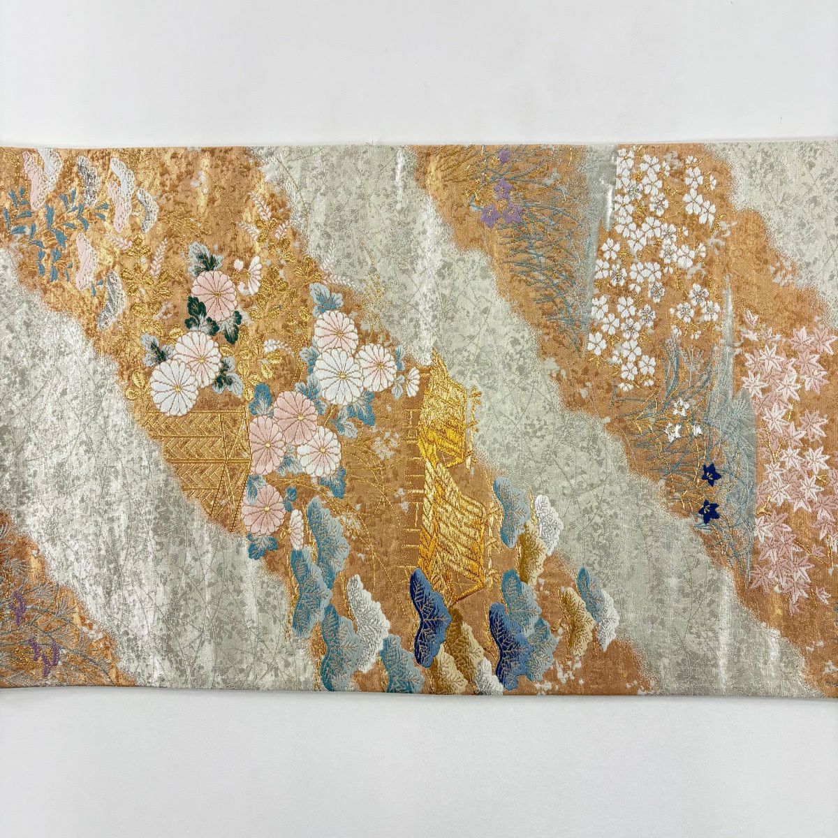 【美品】 袋帶 秀品級 松樹 菊花 金絲 金金箔 銀色 六通 純蠶絲