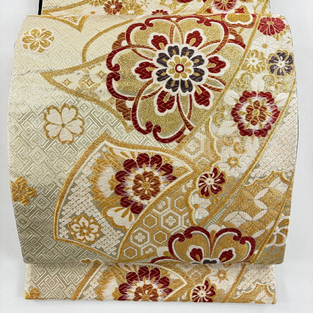 【美品】 袋帶 秀品級 華紋 菱 金絲 金金箔 金色 六通 純蠶絲