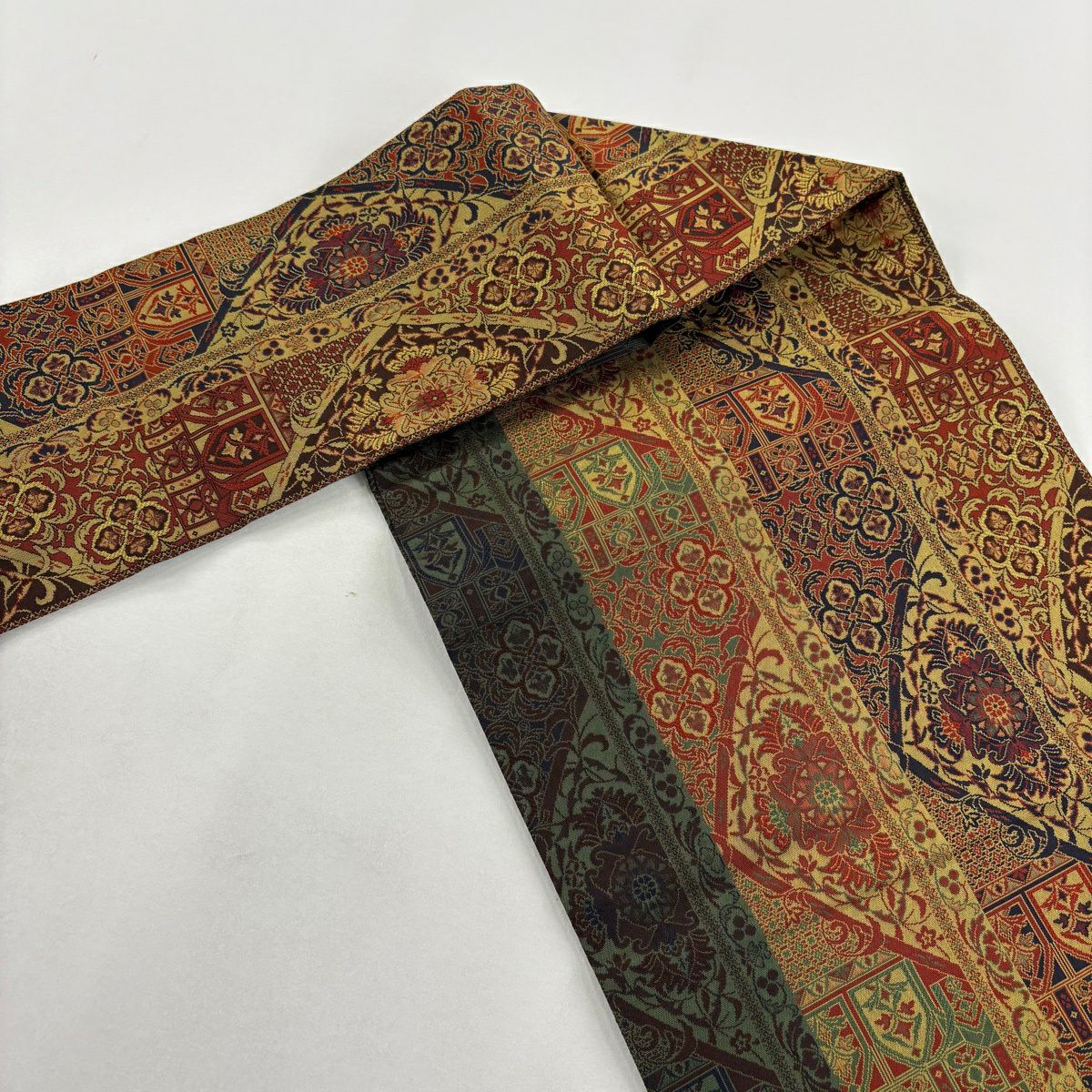 【美品】名古屋帶 秀品級 華紋 草花紋 黃土 純蠶絲