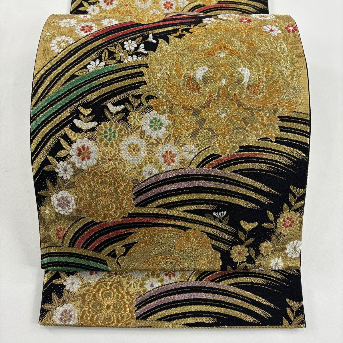 【美品】 袋帶 秀品級 華紋 向鳥 金絲 金金箔 黑 六通 純蠶絲