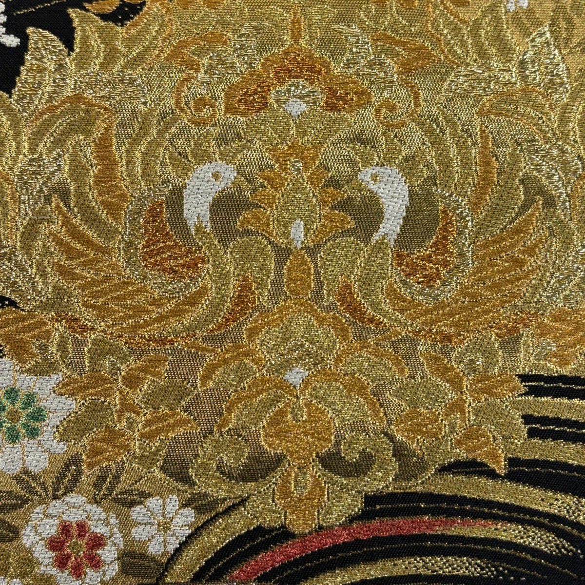 【美品】 袋帶 秀品級 華紋 向鳥 金絲 金金箔 黑 六通 純蠶絲