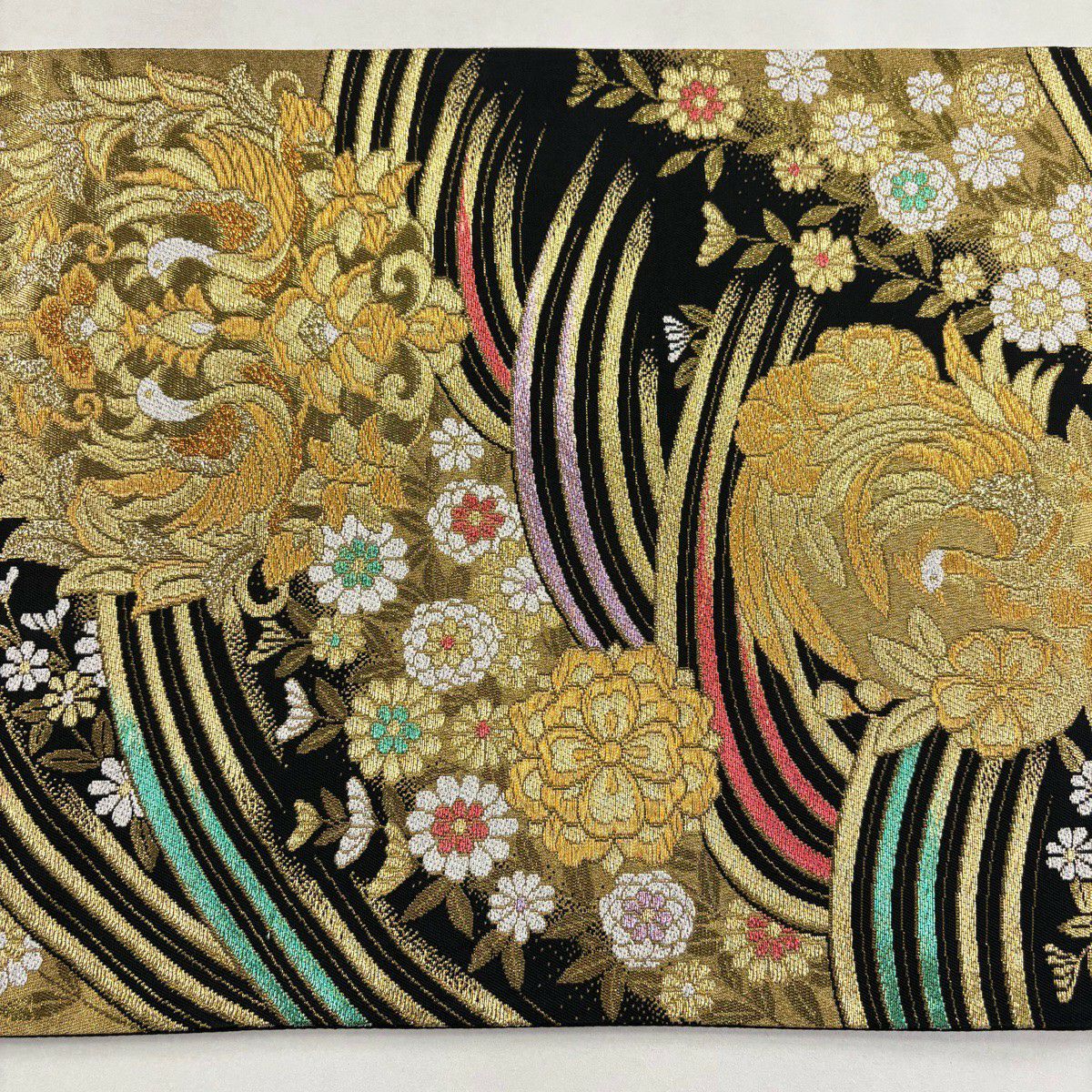 【美品】 袋帶 秀品級 華紋 向鳥 金絲 金金箔 黑 六通 純蠶絲