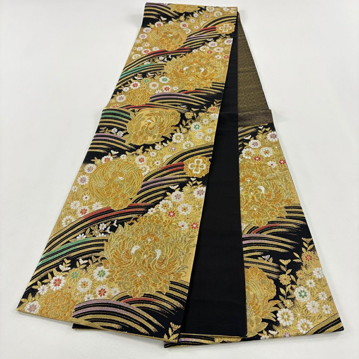 【美品】 袋帶 秀品級 華紋 向鳥 金絲 金金箔 黑 六通 純蠶絲