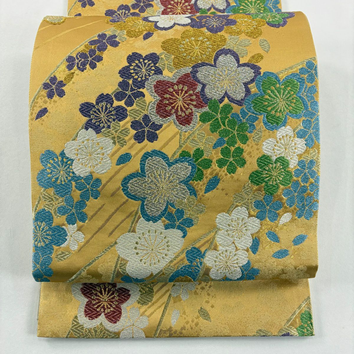【美品】 袋帶 秀品級 證書齊全 櫻花花瓣 金絲 唐織 金色 六通 純蠶絲