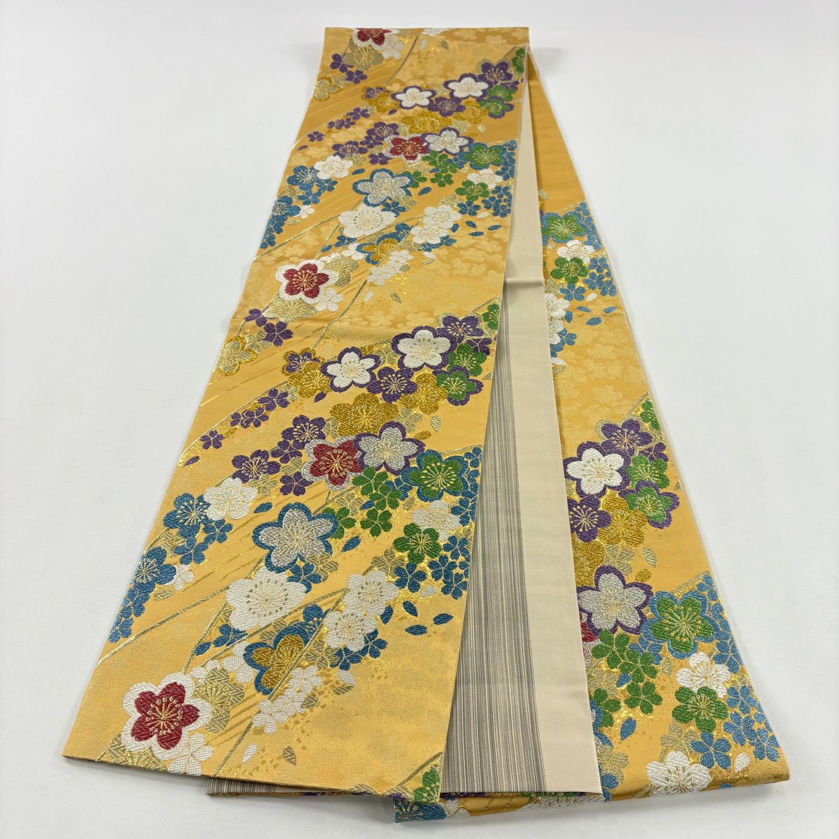 【美品】 袋帶 秀品級 證書齊全 櫻花花瓣 金絲 唐織 金色 六通 純蠶絲