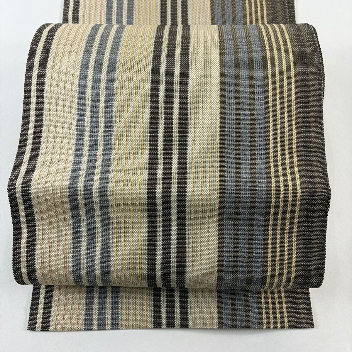 名古屋帶 秀品級 松樹葉仕立 雙層八寸名古屋帶 隧道仕立 縞 灰茶 純蠶絲