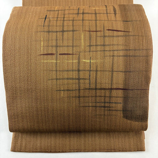 袋帶 秀品級 夏帶 幾何學 金銀彩 茶 純蠶絲