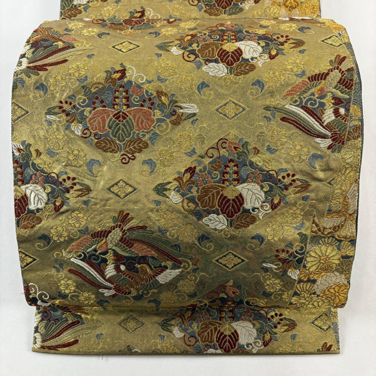 【美品】 袋帶 秀品級 鴛鴦 桐 金金箔 金絲 金 六通 純蠶絲