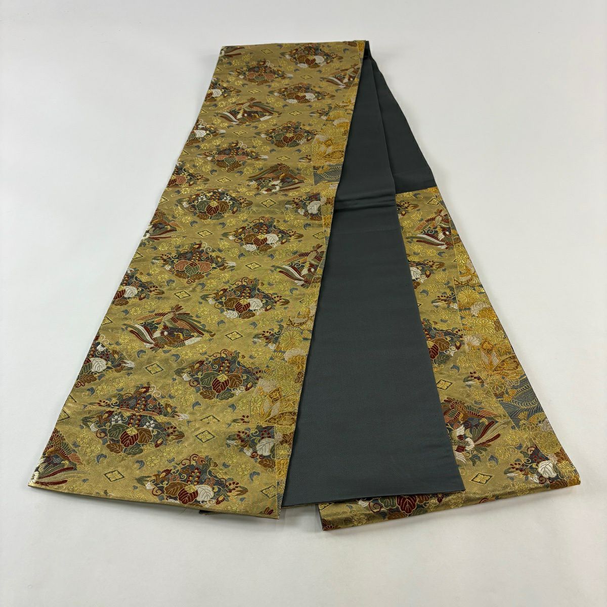 【美品】 袋帶 秀品級 鴛鴦 桐 金金箔 金絲 金 六通 純蠶絲