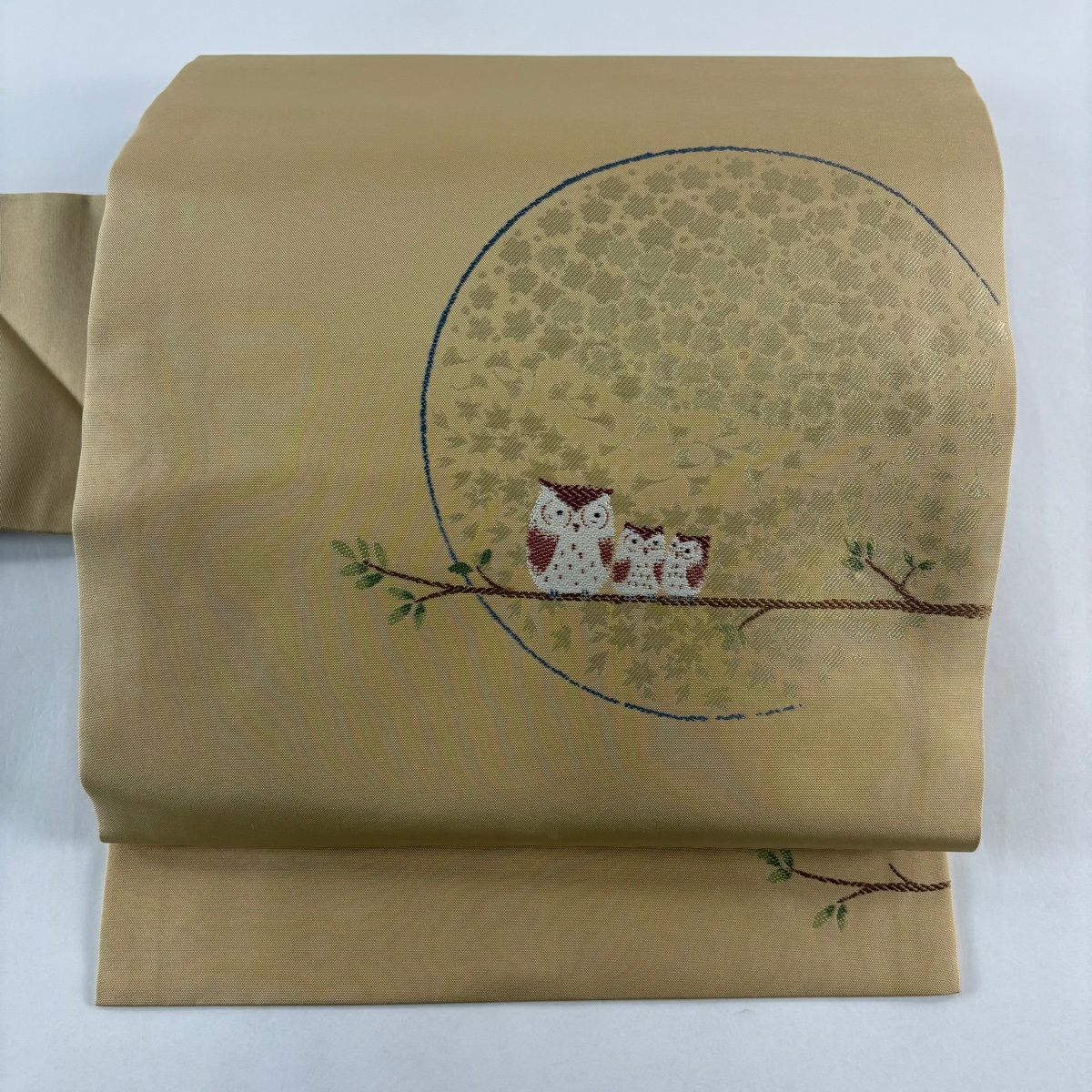 【美品】名古屋帶 秀品級 蛙耳樹枝葉 米色 純蠶絲