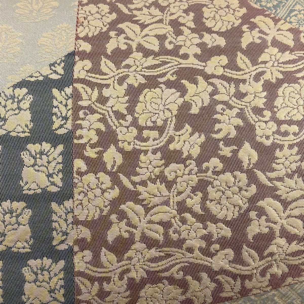 【美品】 袋帶 秀品級 花唐草紋 花兔 金金箔 灰色 六通 純蠶絲
