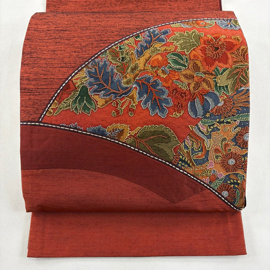 【美品】 袋帶 名古屋帶 秀品級 紬織織 草花紋紋 相良刺繡 茜 純蠶絲