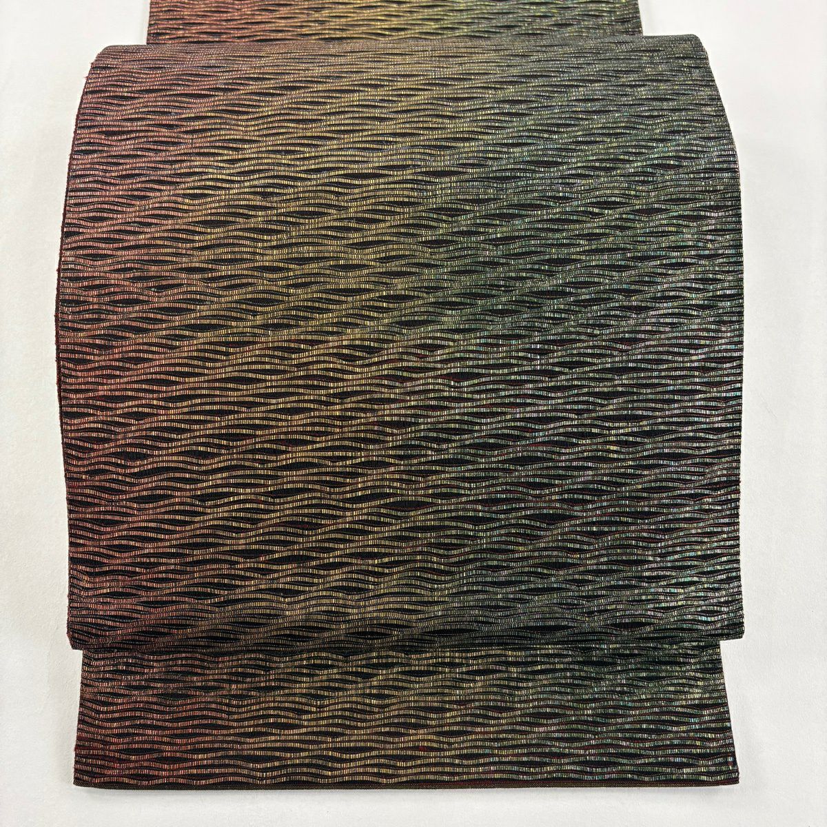 【美品】 袋帶 秀品級 關西仕立 雜色條紋 金金箔 金絲 灰綠 六通 純蠶絲