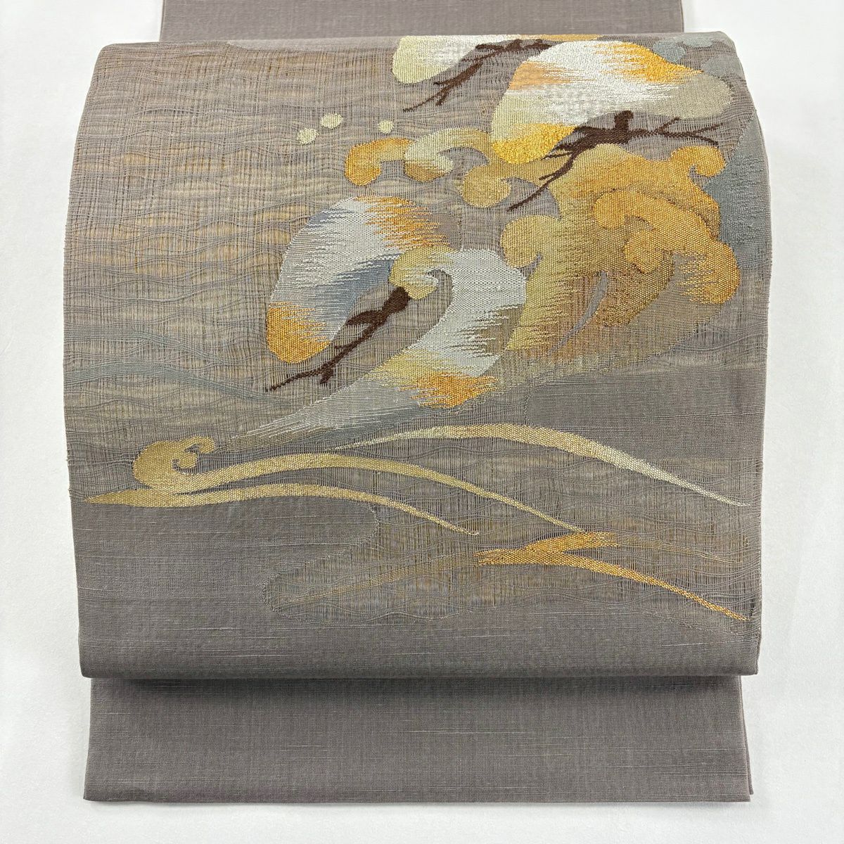 【美品】 袋帶 秀品級 松樹 波頭 金糸 金金箔 灰 純蠶絲