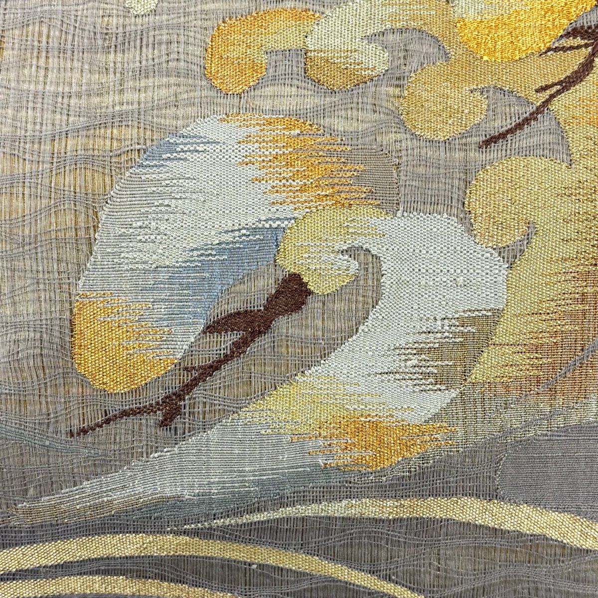 【美品】 袋帶 秀品級 松樹 波頭 金糸 金金箔 灰 純蠶絲
