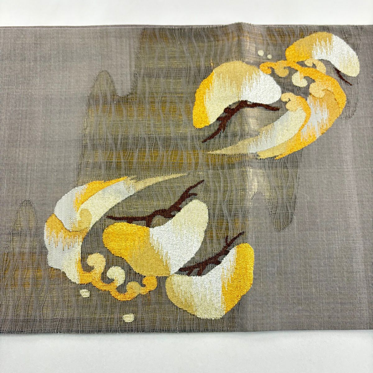 【美品】 袋帶 秀品級 松樹 波頭 金糸 金金箔 灰 純蠶絲
