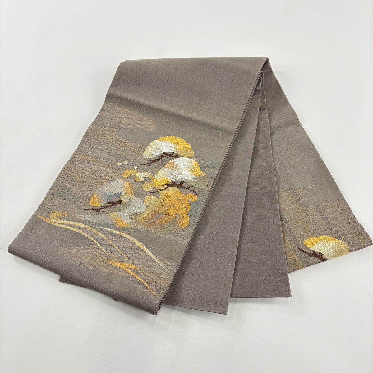 【美品】 袋帶 秀品級 松樹 波頭 金糸 金金箔 灰 純蠶絲
