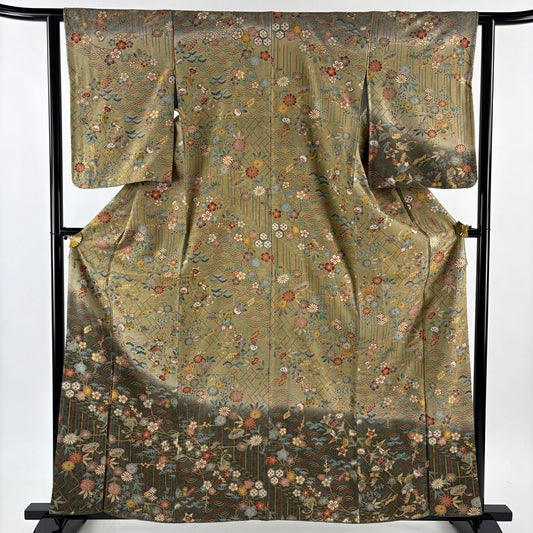 付下 身長160.5cm 袖長61.5cm S 雙層 松樹竹子梅花 橘 金銀彩 染分 灰綠 純蠶絲 秀品級