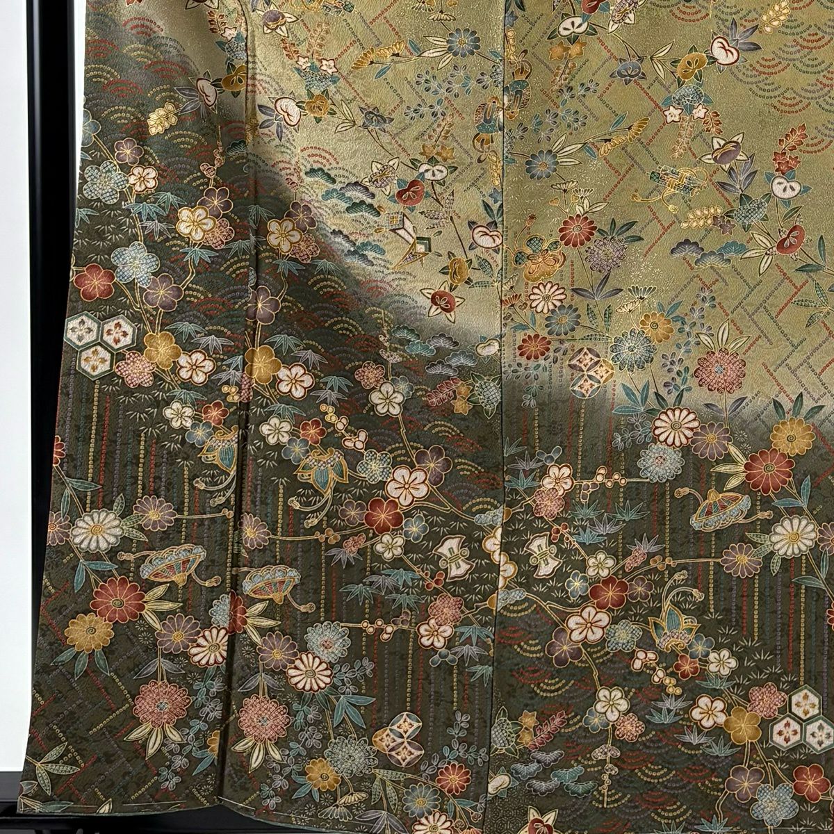 付下 身長160.5cm 袖長61.5cm S 雙層 松樹竹子梅花 橘 金銀彩 染分 灰綠 純蠶絲 秀品級