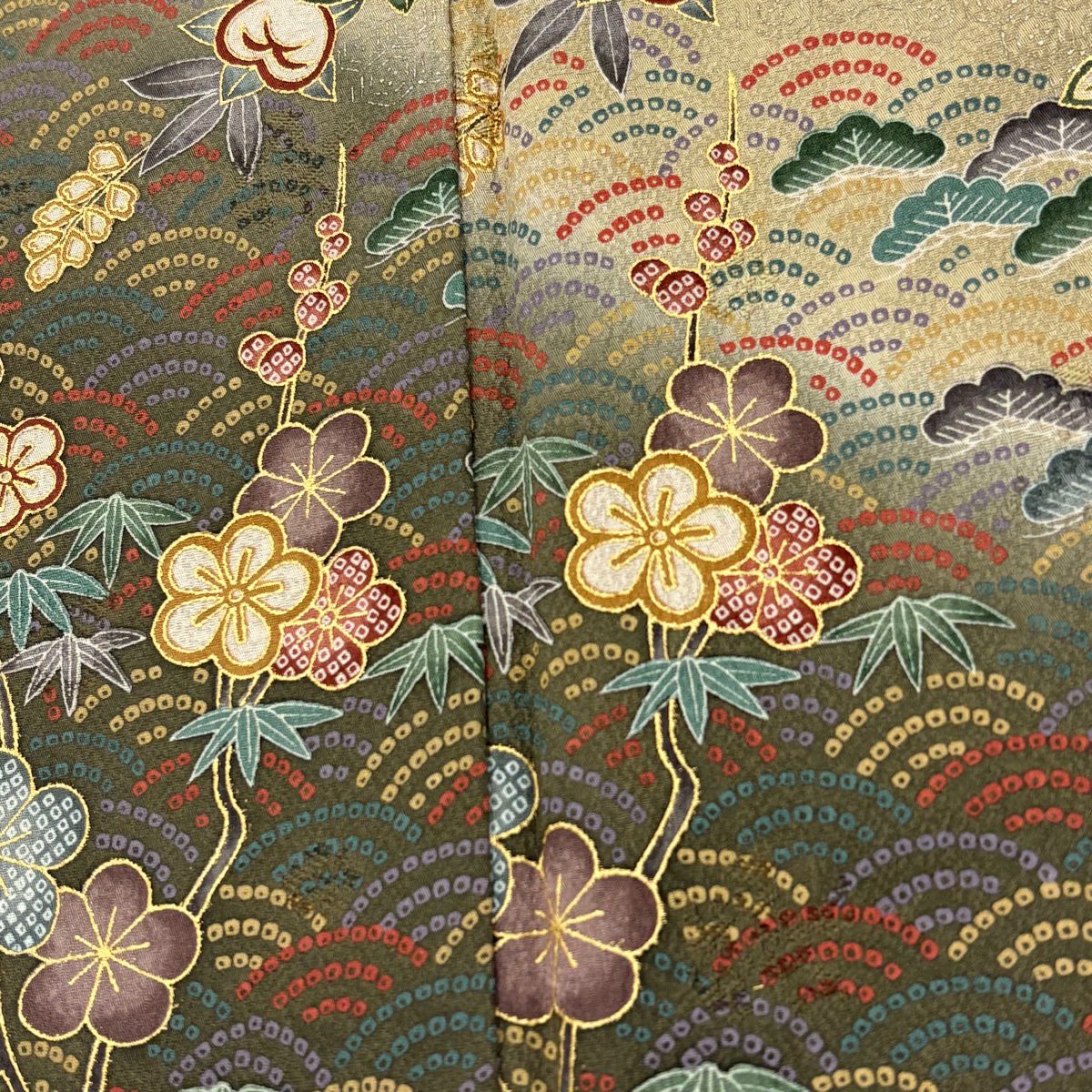 付下 身長160.5cm 袖長61.5cm S 雙層 松樹竹子梅花 橘 金銀彩 染分 灰綠 純蠶絲 秀品級