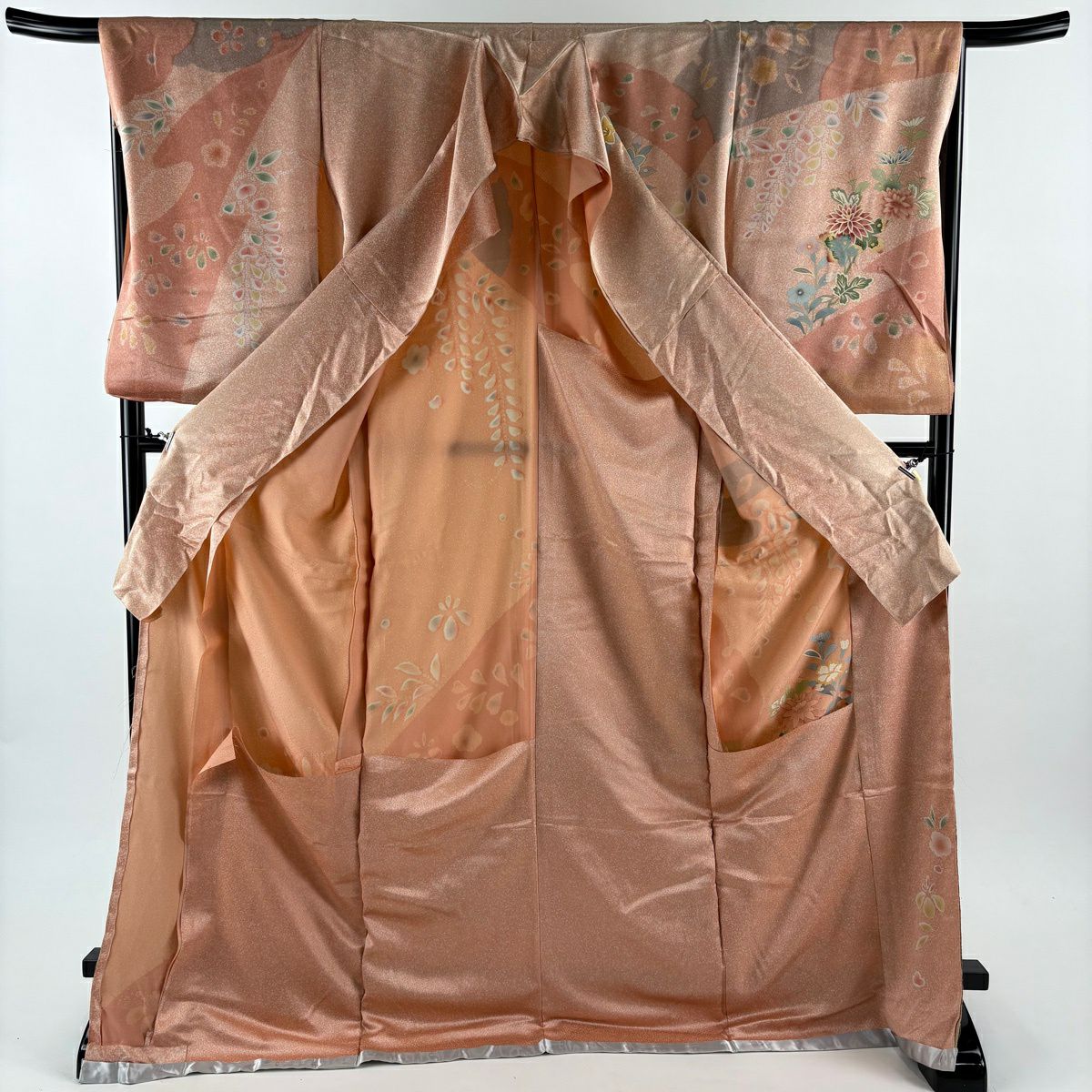 訪問服 身長175.5cm 袖長68.5cm 未仕立 雜花圖案 菊花花 雪輪 金銀彩 粉紅 純蠶絲 優品級
