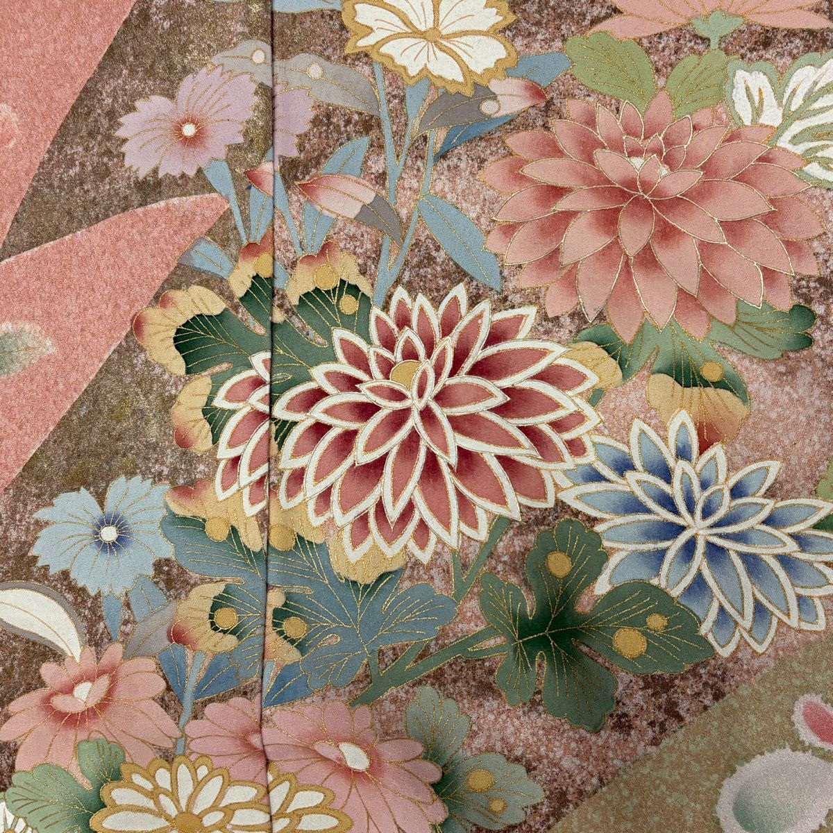 訪問服 身長175.5cm 袖長68.5cm 未仕立 雜花圖案 菊花花 雪輪 金銀彩 粉紅 純蠶絲 優品級