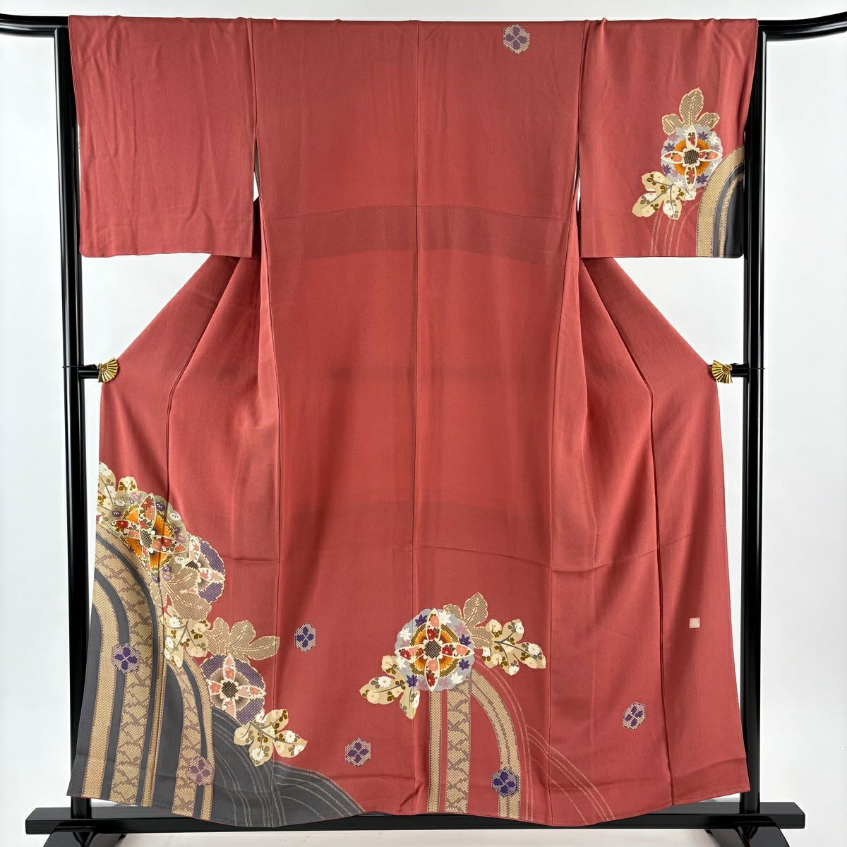 付下 身長156cm 袖長67cm M 雙層 落款 菊花 花紋 青海波 金銀彩 染分 濃粉紅 純蠶絲 優品級